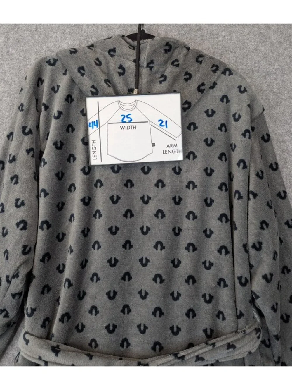 True Religion Mens Large Robe Gray Plush Sleepwear Hooded Bathrobe - NEW